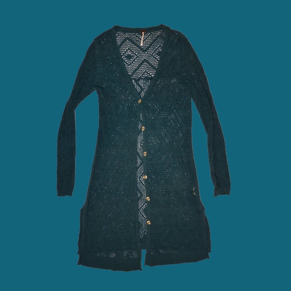 Free People Long Teal Knitted Cardigan